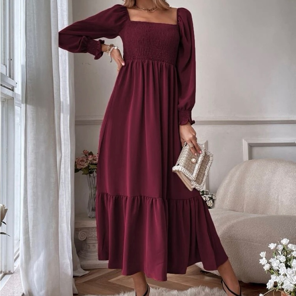 Maroon Vacay Squared Neck Shirred Ruffle Hem Dress